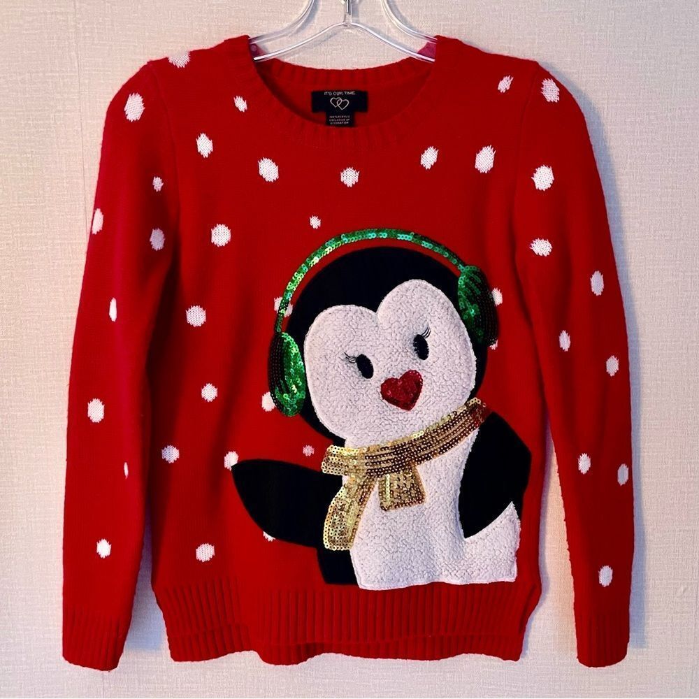 Penguin Plush Appliqué Crewneck Girl’s Red Christmas Sweater, White Polk…